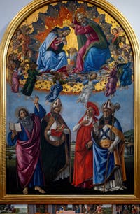Sandro Botticelli, Incoronazione della Vergine, San Giovanni Evangelista, Sant'Agostino, San Girolamo e Sant'Eloro, 1490, Galleria degli Uffizi, Firenze, Italia