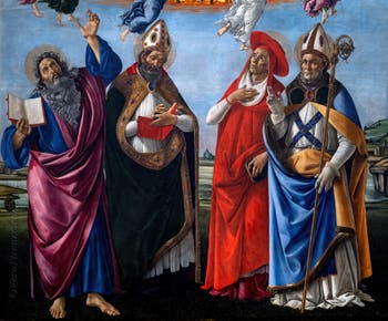 Sandro Botticelli, Incoronazione della Vergine, San Giovanni Evangelista, Sant'Agostino, San Girolamo e Sant'Eloro, 1490, Galleria degli Uffizi, Firenze, Italia