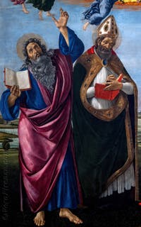Sandro Botticelli, Incoronazione della Vergine, San Giovanni Evangelista, Sant'Agostino, San Girolamo e Sant'Eloro, 1490, Galleria degli Uffizi, Firenze, Italia