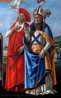 Sandro Botticelli, Incoronazione della Vergine, San Giovanni Evangelista, Sant'Agostino, San Girolamo e Sant'Eloro, 1490, Galleria degli Uffizi, Firenze, Italia