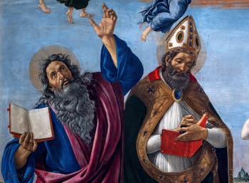 Sandro Botticelli, Incoronazione della Vergine, San Giovanni Evangelista, Sant'Agostino, San Girolamo e Sant'Eloro, 1490, Galleria degli Uffizi, Firenze, Italia