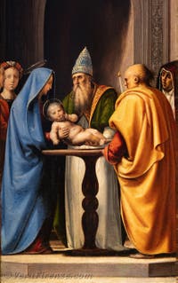 Fra Bartolomeo, Adorazione del Bambino, presentazione di Gesù al tempio, tabernacolo del Pugliese, 1497, Galleria degli Uffizi a Firenze, Italia