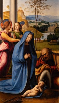 Fra Bartolomeo, Adorazione del Bambino, presentazione di Gesù al tempio, tabernacolo del Pugliese, 1497, Galleria degli Uffizi a Firenze, Italia