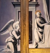 Fra Bartolomeo, Annunciazione, tabernacolo del Pugliese, 1497, Galleria degli Uffizi a Firenze, Italia