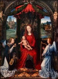 Hans Memling, Madonna con Bambino in trono e angeli musicisti, 1480, alla Galleria degli Uffizi a Firenze in Italia