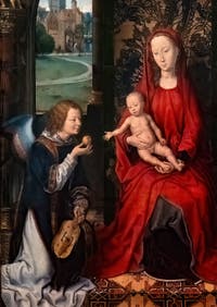 Hans Memling, Madonna con Bambino in trono e angeli musicisti, 1480, alla Galleria degli Uffizi a Firenze in Italia