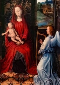 Hans Memling, Madonna con Bambino in trono e angeli musicisti, 1480, alla Galleria degli Uffizi a Firenze in Italia