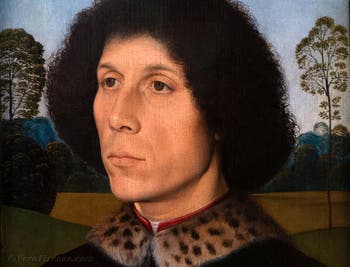 Hans Memling, ritratto di un uomo (Folco Portinari?) con un paesaggio, 1490, alla Galleria degli Uffizi a Firenze in Italia