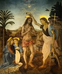 Leonardo da Vinci, Andrea del Verrocchio, Il battesimo di Cristo, 1470-1475, Galleria degli Uffizi, Firenze, Italia
