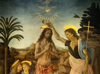 Leonardo da Vinci, Andrea del Verrocchio, Il battesimo di Cristo, 1470-1475, Galleria degli Uffizi, Firenze, Italia