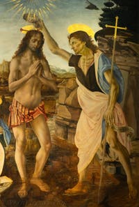Leonardo da Vinci, Andrea del Verrocchio, Il battesimo di Cristo, 1470-1475, Galleria degli Uffizi, Firenze, Italia