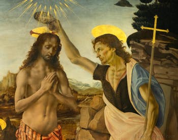 Leonardo da Vinci, Andrea del Verrocchio, Il battesimo di Cristo, 1470-1475, Galleria degli Uffizi, Firenze, Italia