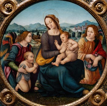 Lorenzo di Credi, Madonna con Bambino, San Giovanni e gli angeli, 1500-1520, alla Galleria degli Uffizi, Firenze, Italia