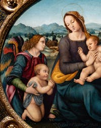 Lorenzo di Credi, Madonna con Bambino, San Giovanni e gli angeli, 1500-1520, alla Galleria degli Uffizi, Firenze, Italia