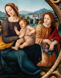 Lorenzo di Credi, Madonna con Bambino, San Giovanni e gli angeli, 1500-1520, alla Galleria degli Uffizi, Firenze, Italia