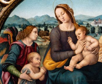 Lorenzo di Credi, Madonna con Bambino, San Giovanni e gli angeli, 1500-1520, alla Galleria degli Uffizi, Firenze, Italia