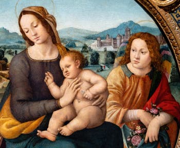 Lorenzo di Credi, Madonna con Bambino, San Giovanni e gli angeli, 1500-1520, alla Galleria degli Uffizi, Firenze, Italia