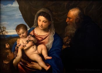 Tiziano, Vergine delle rose con Gesù Bambino, San Giovanni Bambino e Sant'Antonio Abate, 1520-1530, Galleria degli Uffizi, Firenze, Italia