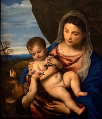 Tiziano, Vergine delle rose con Gesù Bambino, San Giovanni Bambino e Sant'Antonio Abate, 1520-1530, Galleria degli Uffizi, Firenze, Italia