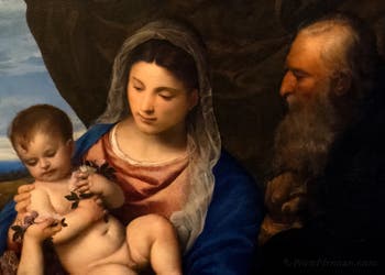 Tiziano, Vergine delle rose con Gesù Bambino, San Giovanni Bambino e Sant'Antonio Abate, 1520-1530, Galleria degli Uffizi, Firenze, Italia