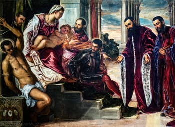 Tintoretto, La Madonna dei Tesorieri con la Vergine e il Bambino e i santi Sebastiano, Marco, Teodoro, tre camerlenghi e i loro segretari, alle Gallerie dell'Accademia di Venezia, in Italia