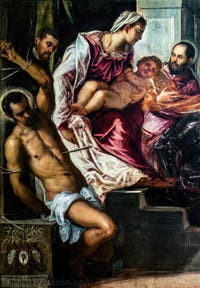 Tintoretto, La Madonna dei Tesorieri con la Vergine e il Bambino e i santi Sebastiano, Marco, Teodoro, tre camerlenghi e i loro segretari, alle Gallerie dell'Accademia di Venezia, in Italia