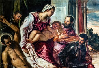Tintoretto, La Madonna dei Tesorieri con la Vergine e il Bambino e i santi Sebastiano, Marco, Teodoro, tre camerlenghi e i loro segretari, alle Gallerie dell'Accademia di Venezia, in Italia