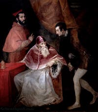 Tiziano, Il papa Paolo III con i nipoti Alessandro e Ottavio Farnese, Museo di Capodimonte a Napoli, in Italia