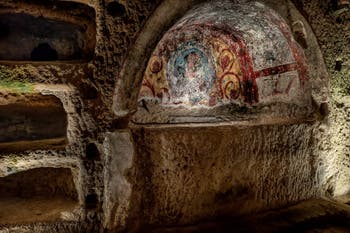 Affresco di Heleunisius, catacombe di San Gennaro a Napoli, in Italia