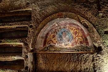Affresco di Heleunisius, catacombe di San Gennaro a Napoli, in Italia