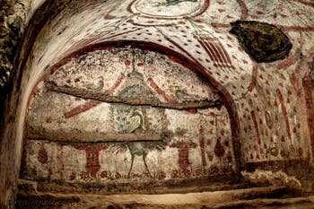 Affresco del pavone, catacombe di San Gennaro a Napoli, in Italia