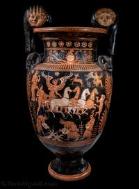 Cratero apulo a volute, a figura rossa, Apoteosi di Ercole, scena di komos dionisiaco, Galleria d’Italia Zevallos a Napoli, in Italia