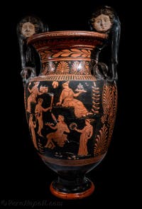 Cratero apulo a volute, a figura rossa, Apoteosi di Ercole, scena di komos dionisiaco, Galleria d’Italia Zevallos a Napoli, in Italia