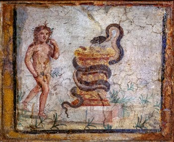 Affresco Arpocrate e il serpente, Ercolano, Casa del Colonnato Tuscanico, Museo Archeologico di Napoli