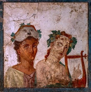 Affresco raffigurante un attore e una suonatrice di cetra, Ercolano, Basilica-Teatro, Museo Archeologico di Napoli