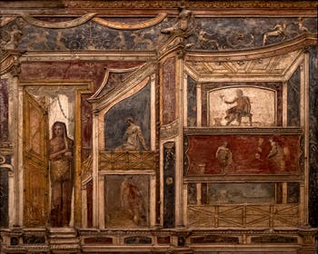 Affresco Donne alla porta e al balcone, Pompei, Casa di Meleagro, Museo Archeologico di Napoli