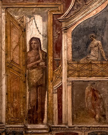 Affresco Donne alla porta e al balcone, Pompei, Casa di Meleagro, Museo Archeologico di Napoli