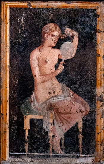 Affresco Ragazza allo specchio che si pettina, Stabiae, Villa di Arianna, Museo Archeologico di Napoli