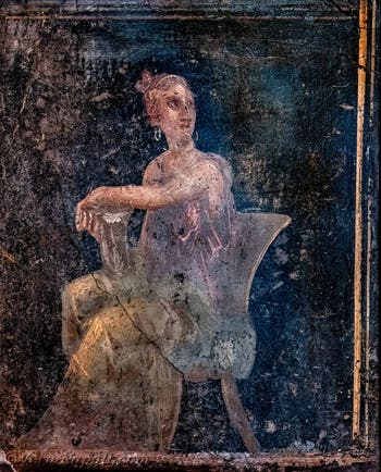 Affresco Donna seduta con vaso d'argento, Stabiae, Villa di Arianna, Museo Archeologico di Napoli