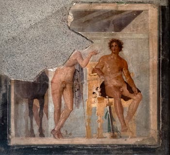 Affresco Due eroi, Achille e Patroclo, Ercolano, Palestra, Museo Archeologico di Napoli
