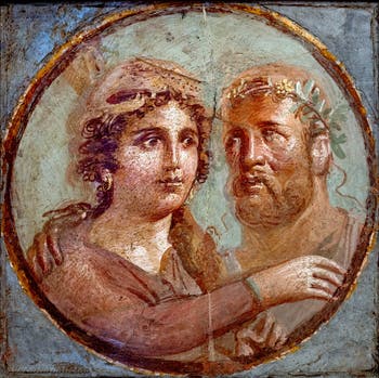 Affresco Ercole e Onfale con la pelle di leone sulla testa, Area Vesuviana, Museo Archeologico di Napoli
