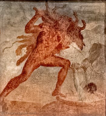 Affresco Ercole porta il cinghiale di Erymanto a Euristeo, che si trova in una vasca, Ercolano, Augusteum, Museo Archeologico di Napoli