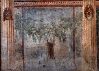 Affresco, maschere tragiche e colonne, Pompei, Casa degli Scienziati, Museo Archeologico di Napoli