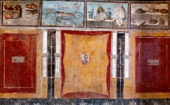 Affresco decorativo e nature morte, Pompei, Praedia di Giulia Felice, Museo Archeologico di Napoli