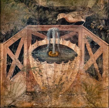 Affresco raffigurante una fontana in un giardino con un uccello, Pompei, Museo Archeologico di Napoli