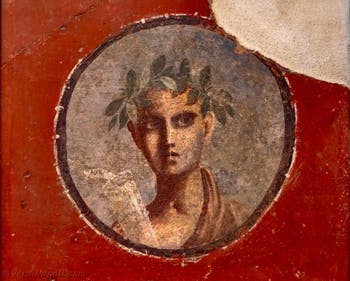 Affresco Giovane uomo con rotolo di papiro, Pompei, Casa del Cenacolo, Museo Archeologico di Napoli
