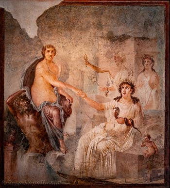 Affresco Io accolta da Iside a Canopo, Pompei, Tempio di Iside, Museo Archeologico di Napoli