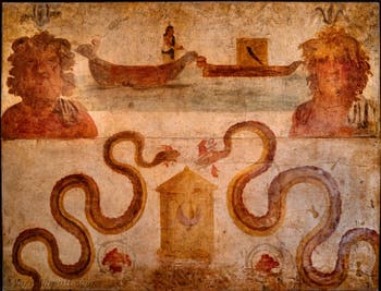 Affresco Iside tira la barca con il corpo di Osiride, Pompei, Tempio di Iside, Museo Archeologico di Napoli