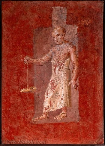 Affresco raffigurante un officiante con una lampada a olio, Pompei, Tempio di Iside, Museo Archeologico di Napoli
