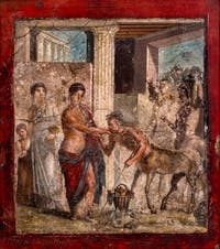 Affresco L'omaggio di Eurizione a Piritoo, Pompei, Casa di Gavio Rufo, Museo Archeologico di Napoli